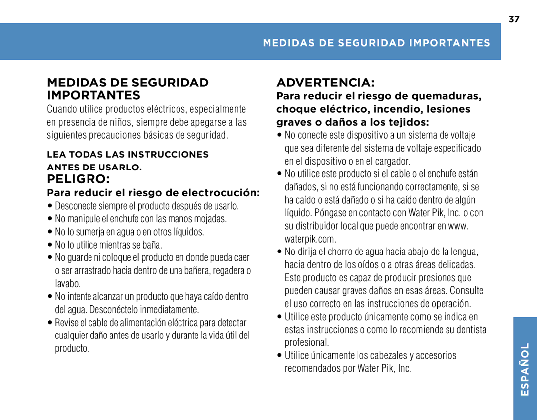 Waterpik Technologies WP-250, WP-270, WP-260 manual Medidas DE Seguridad Importantes, Para reducir el riesgo de electrocución 