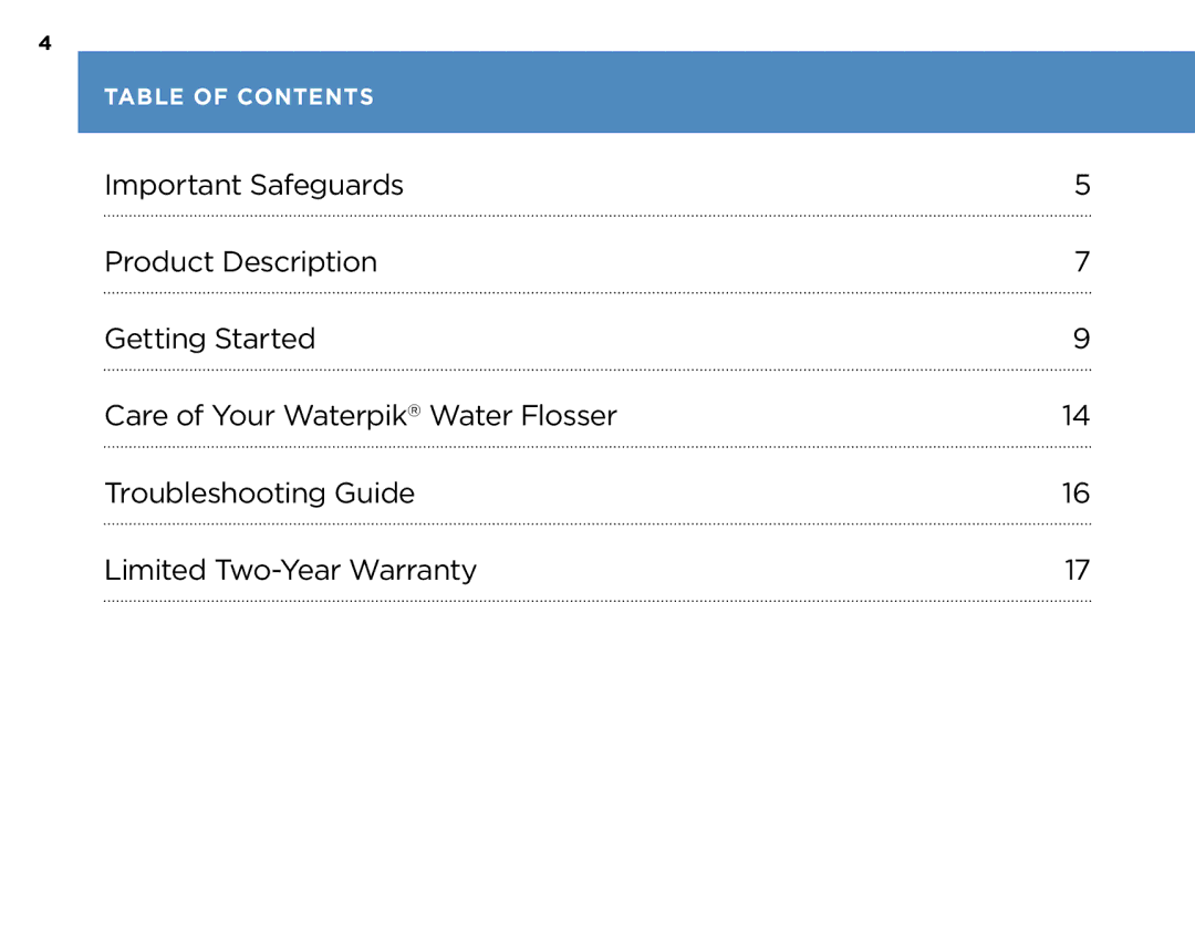 Waterpik Technologies WP-270, WP-260, WP-250, WP-300 manual Table of Contents 