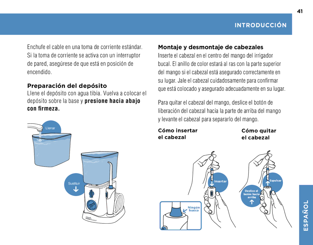 Waterpik Technologies WP-260, WP-270, WP-250, WP-300 manual Preparación del depósito, Introducción 