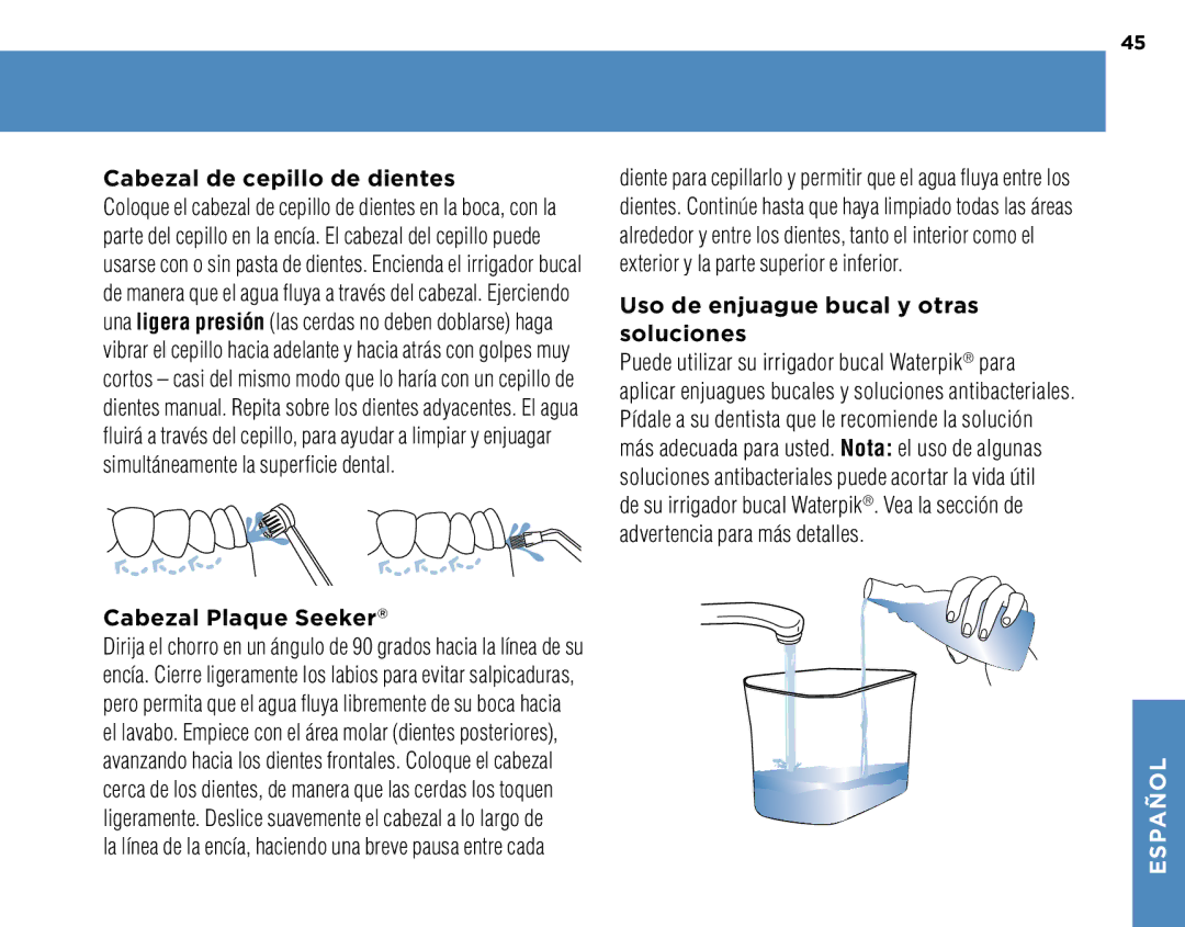 Waterpik Technologies WP-270, WP-260, WP-250, WP-300 manual Cabezal de cepillo de dientes, Cabezal Plaque Seeker 