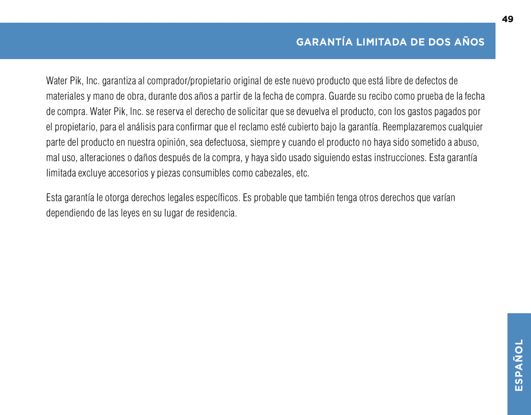 Waterpik Technologies WP-270, WP-260, WP-250, WP-300 manual Garantía Limitada DE DOS Años 