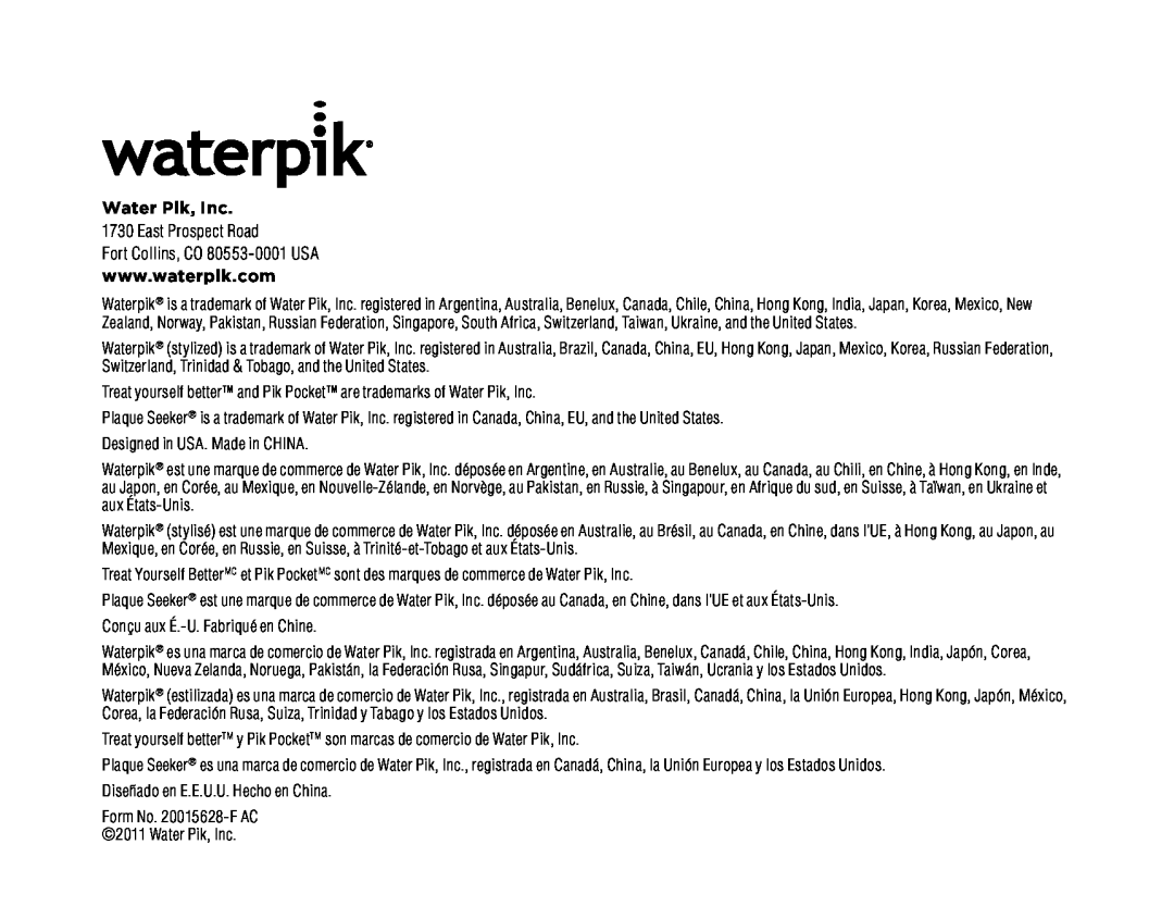 Waterpik Technologies WP-270, WP-260, WP-250, WP-300 manual Water Pik, Inc 