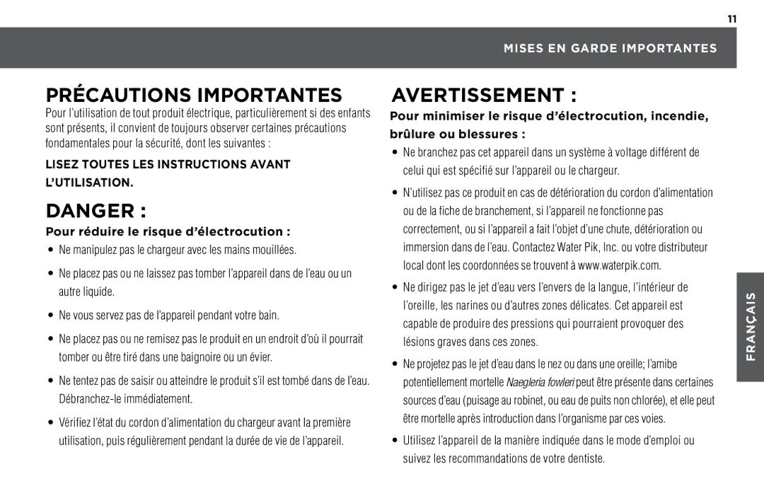 Waterpik Technologies WP-460 Lisez Toutes LES Instructions Avant L’UTILISATION, Pour réduire le risque d’électrocution 