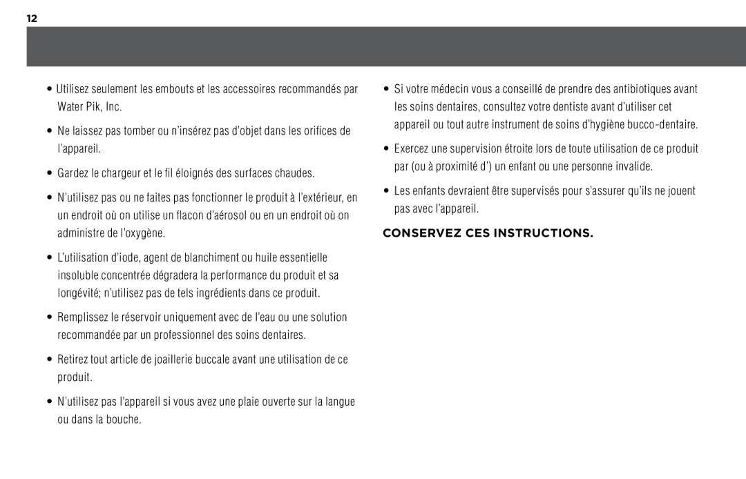 Waterpik Technologies WP-440, WP-450, WP-460 manual Conservez CES Instructions 