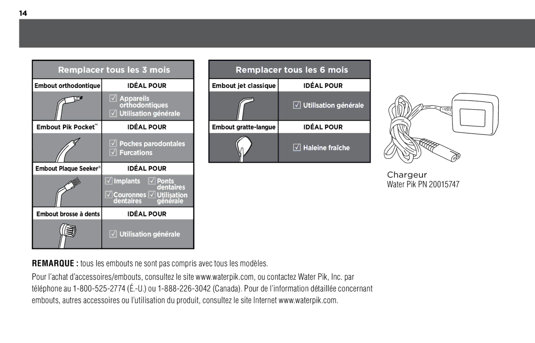 Waterpik Technologies WP-460, WP-440, WP-450 manual Remplacer tous les 3 mois, Chargeur Water Pik PN 