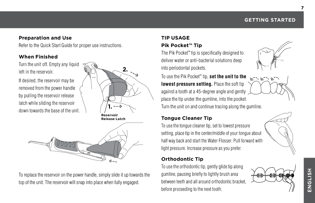 Waterpik Technologies WP-450, WP-440, WP-460 manual Getting Started, TIP Usage 