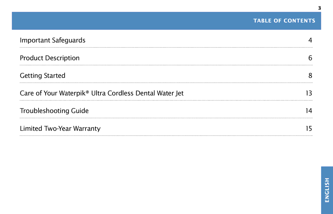 Waterpik Technologies WP-450 manual Table of Contents 