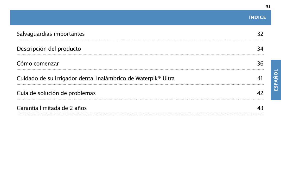 Waterpik Technologies WP-450 manual Índice 