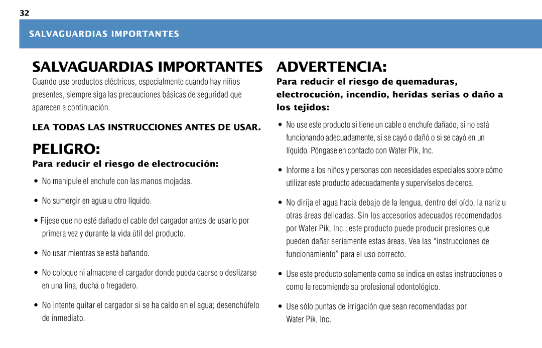 Waterpik Technologies WP-450 manual Salvaguardias Importantes, Para reducir el riesgo de electrocución 