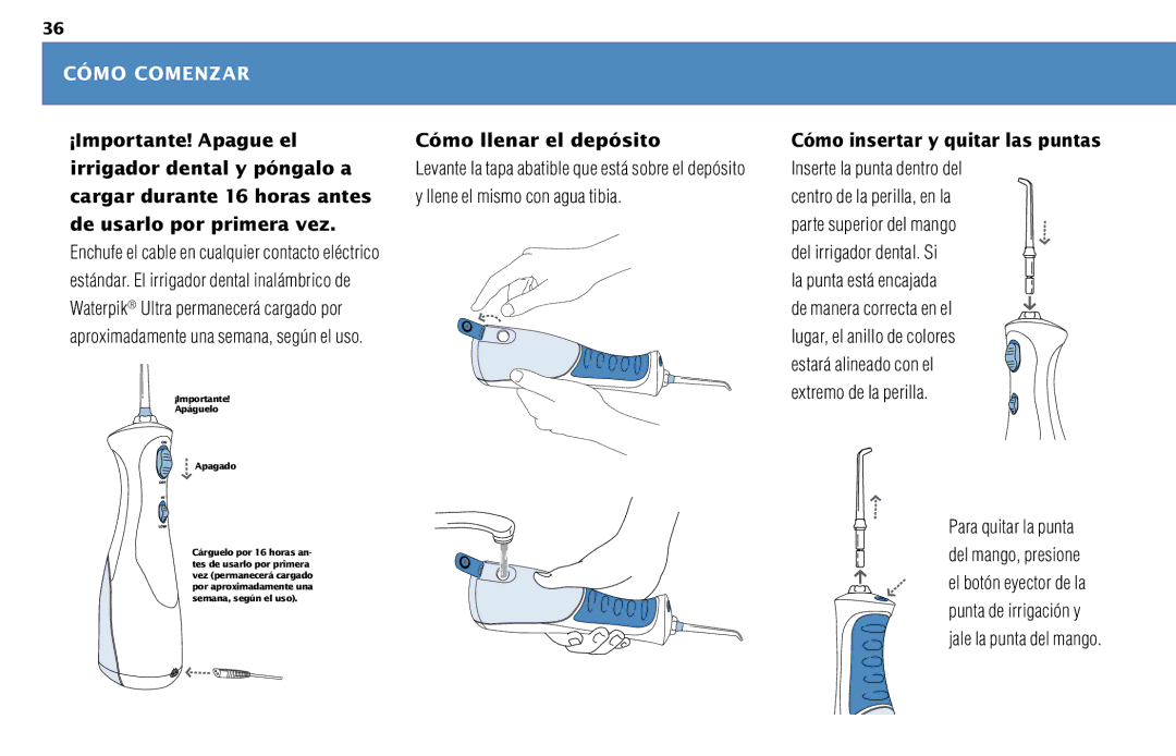 Waterpik Technologies WP-450 Cómo Comenzar, ¡Importante! Apague el Cómo llenar el depósito, Irrigador dental y póngalo a 