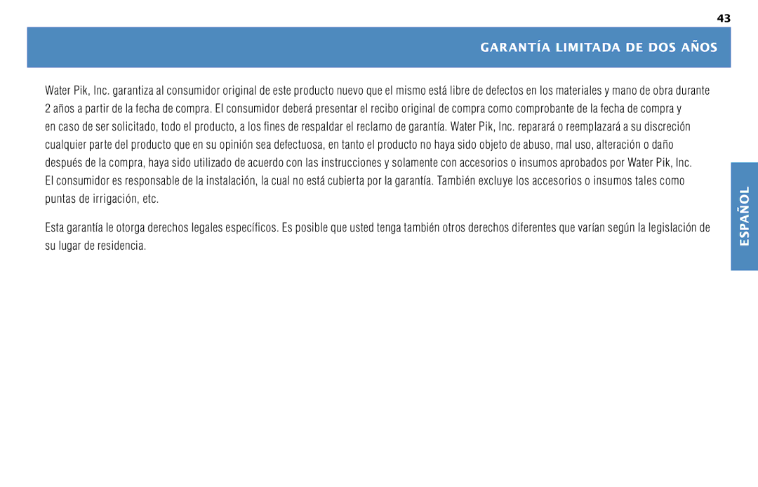 Waterpik Technologies WP-450 manual Garantía Limitada DE DOS Años 