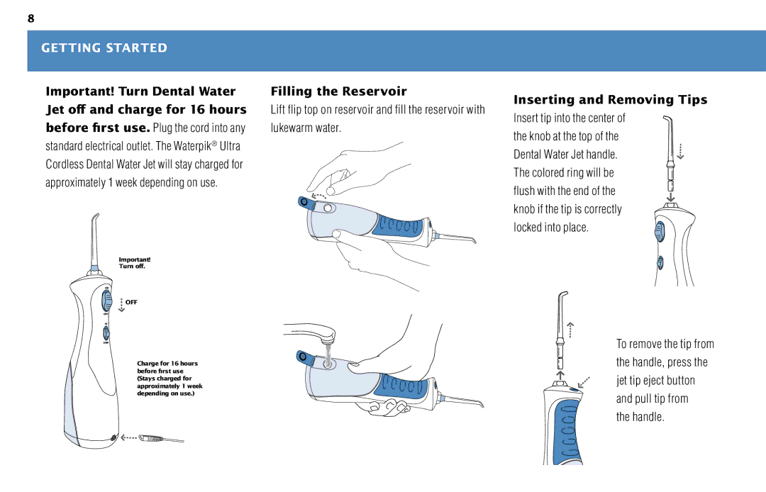 Waterpik Technologies WP-450 manual Getting Started, Inserting and Removing Tips, Handle 