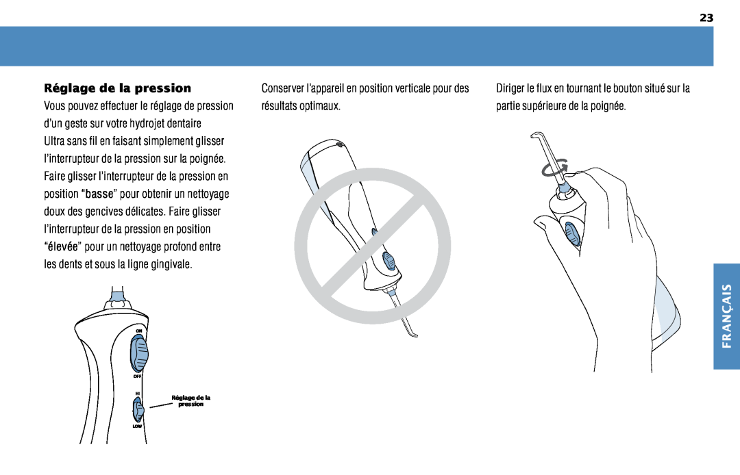 Waterpik Technologies WP-450 manual Réglage de la pression, Ultra sans fil en faisant simplement glisser, Français 