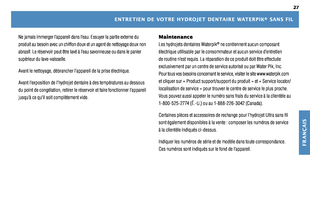 Waterpik Technologies WP-450 manual Entretien De Votre Hydrojet Dentaire Waterpik Sans Fil, Maintenance, Français 