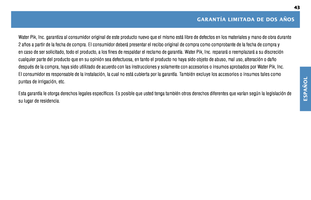 Waterpik Technologies WP-450 manual Garantía Limitada De Dos Años, Español 