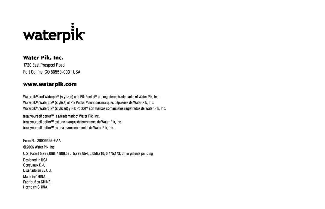 Waterpik Technologies WP-450 manual Water Pik, Inc, East Prospect Road Fort Collins, CO 80553-0001 USA 