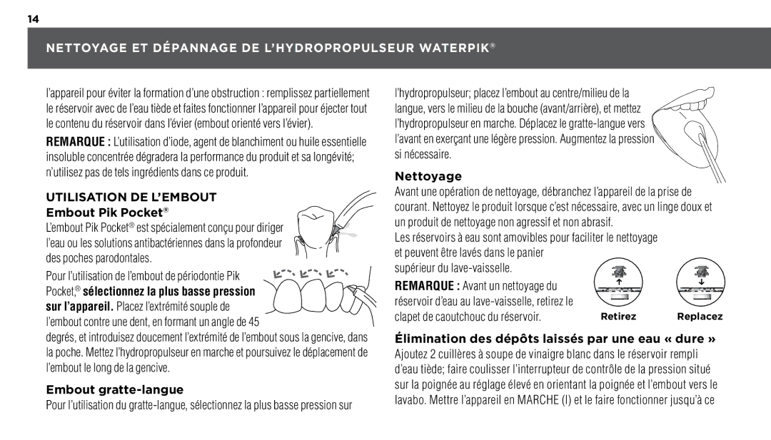 Waterpik Technologies WP-72 manual Nettoyage et dépannage de l’hydropropulseur Waterpik, Embout gratte-langue 