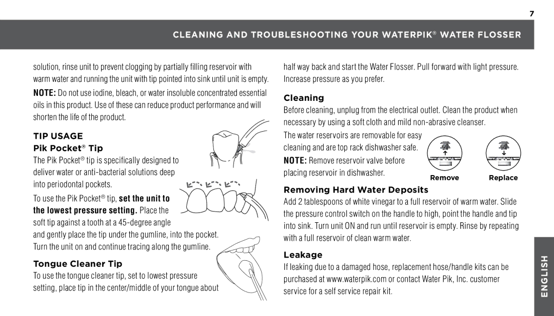 Waterpik Technologies WP-72 manual Cleaning and Troubleshooting Your Waterpik Water Flosser 