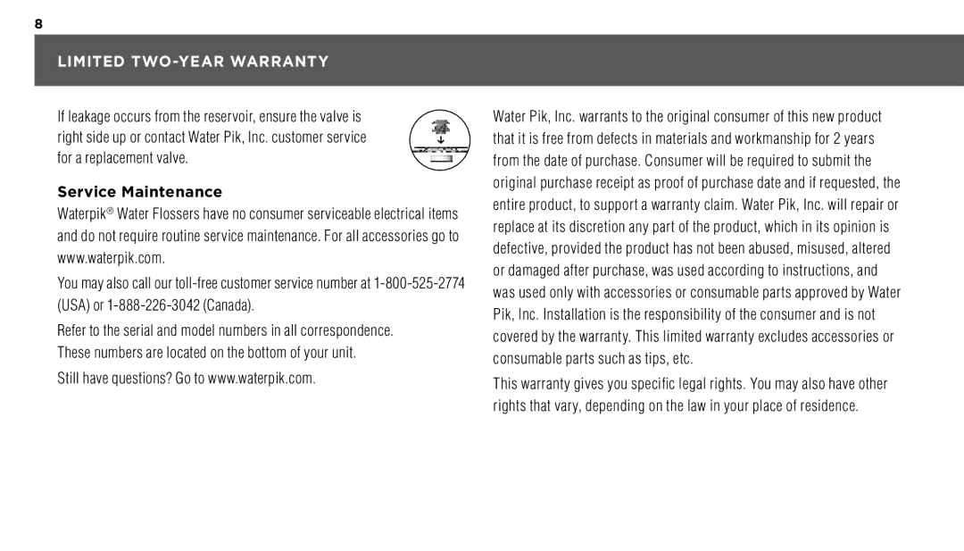 Waterpik Technologies WP-72 manual Limited two-year warranty, Service Maintenance 