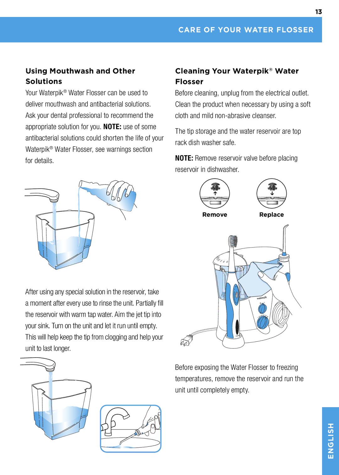 Waterpik Technologies wp-900 manual Using Mouthwash and Other Solutions, Care of yOUR Water Flosser 