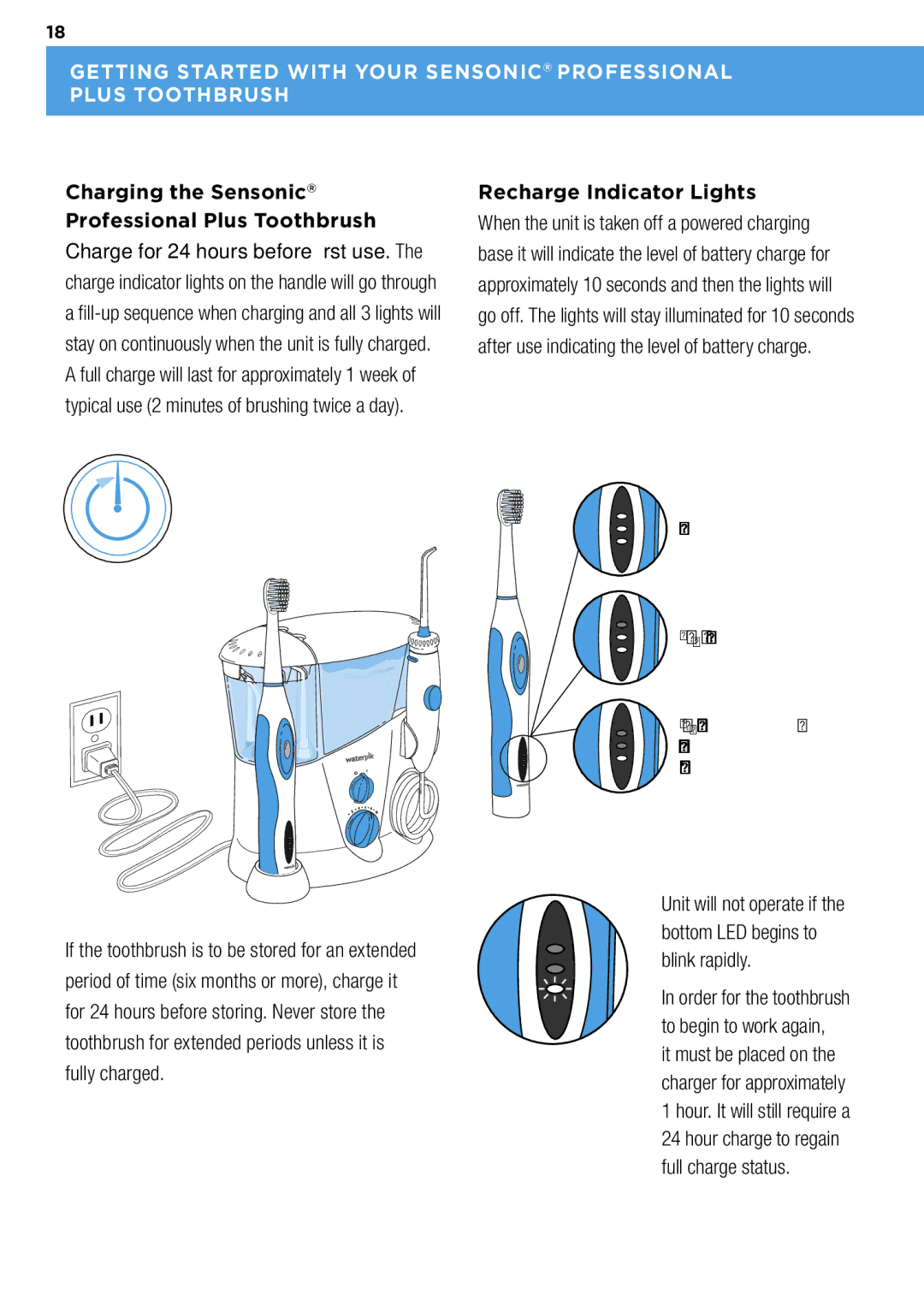 Waterpik Technologies wp-900 manual Charging the Sensonic Professional Plus Toothbrush, Recharge Indicator Lights 