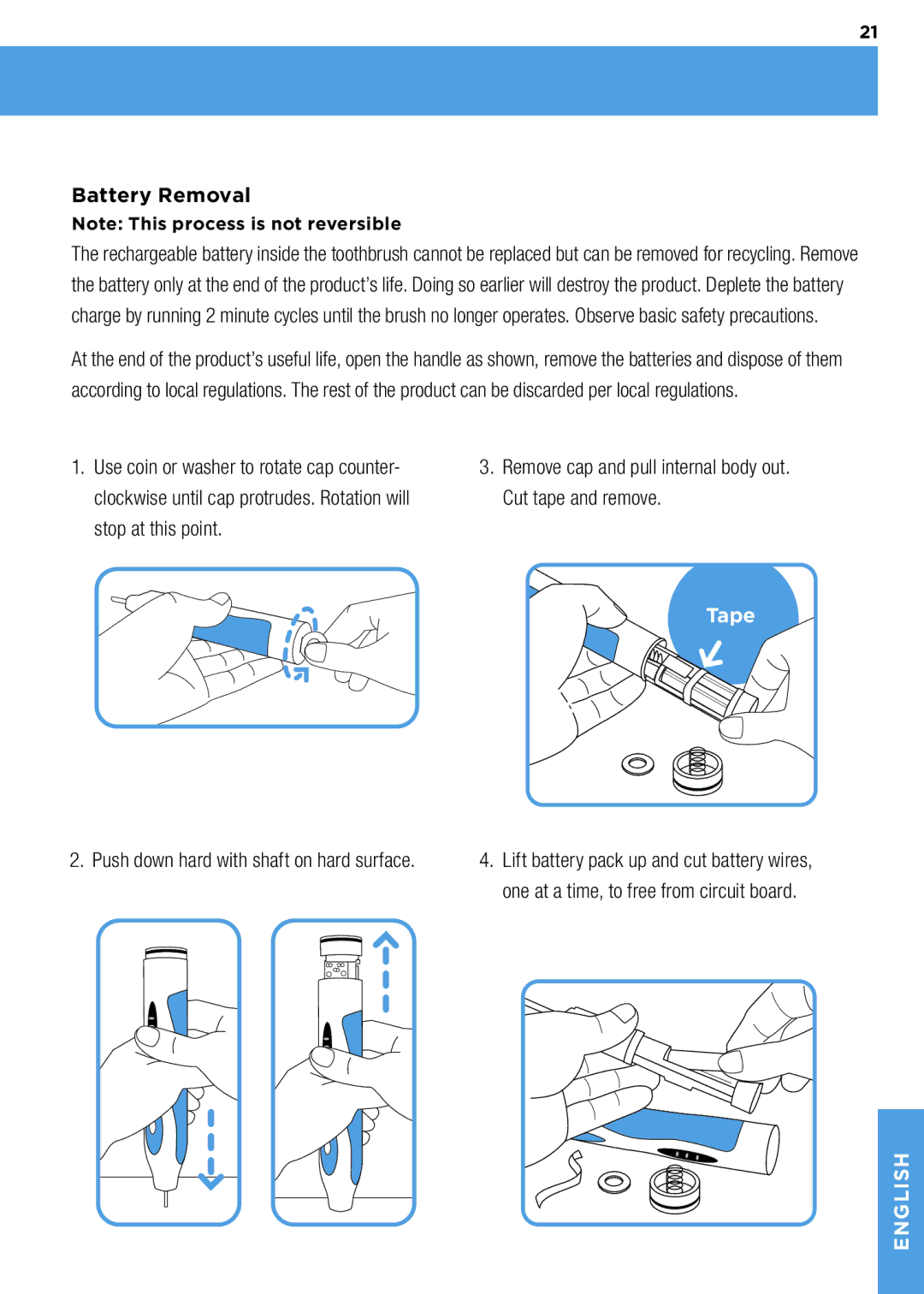 Waterpik Technologies wp-900 manual Battery Removal, Remove cap and pull internal body out. Cut tape and remove, Tape 