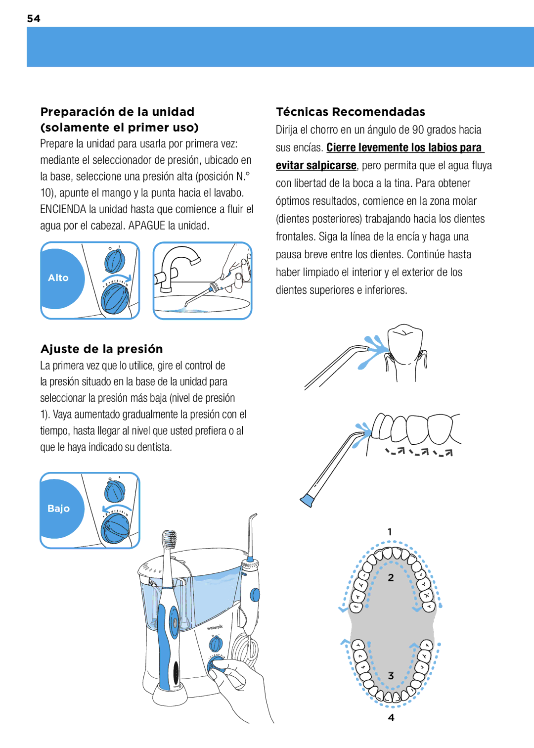 Waterpik Technologies wp-900 manual Ajuste de la presión, Técnicas Recomendadas 