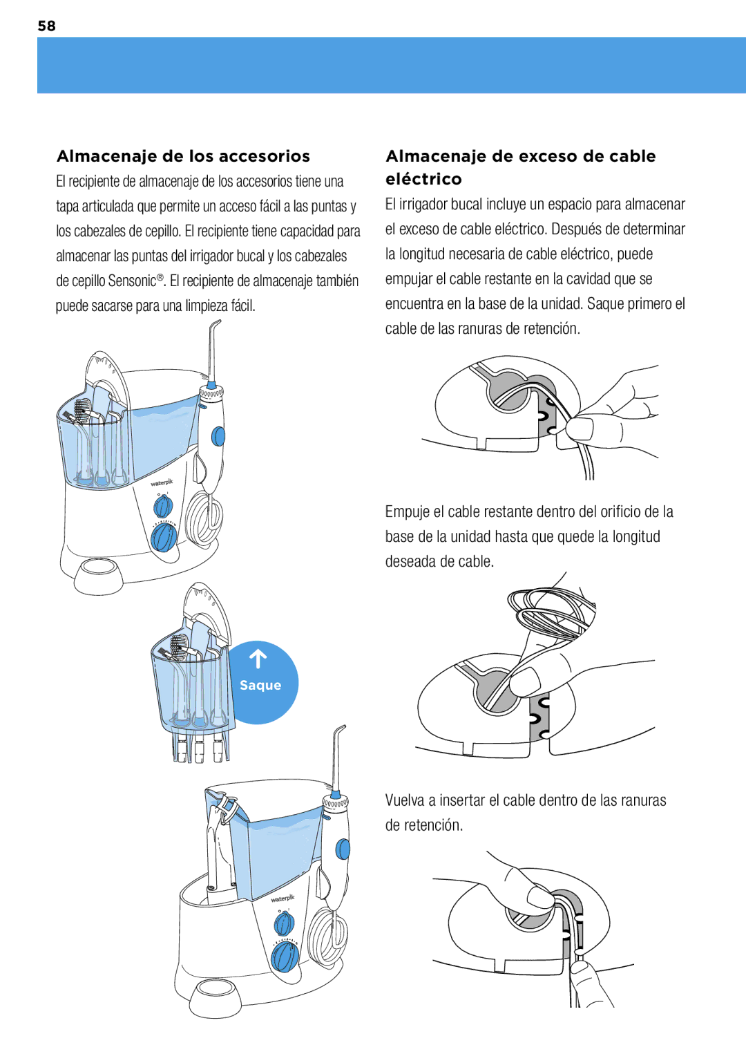 Waterpik Technologies wp-900 manual Almacenaje de los accesorios, Almacenaje de exceso de cable eléctrico 