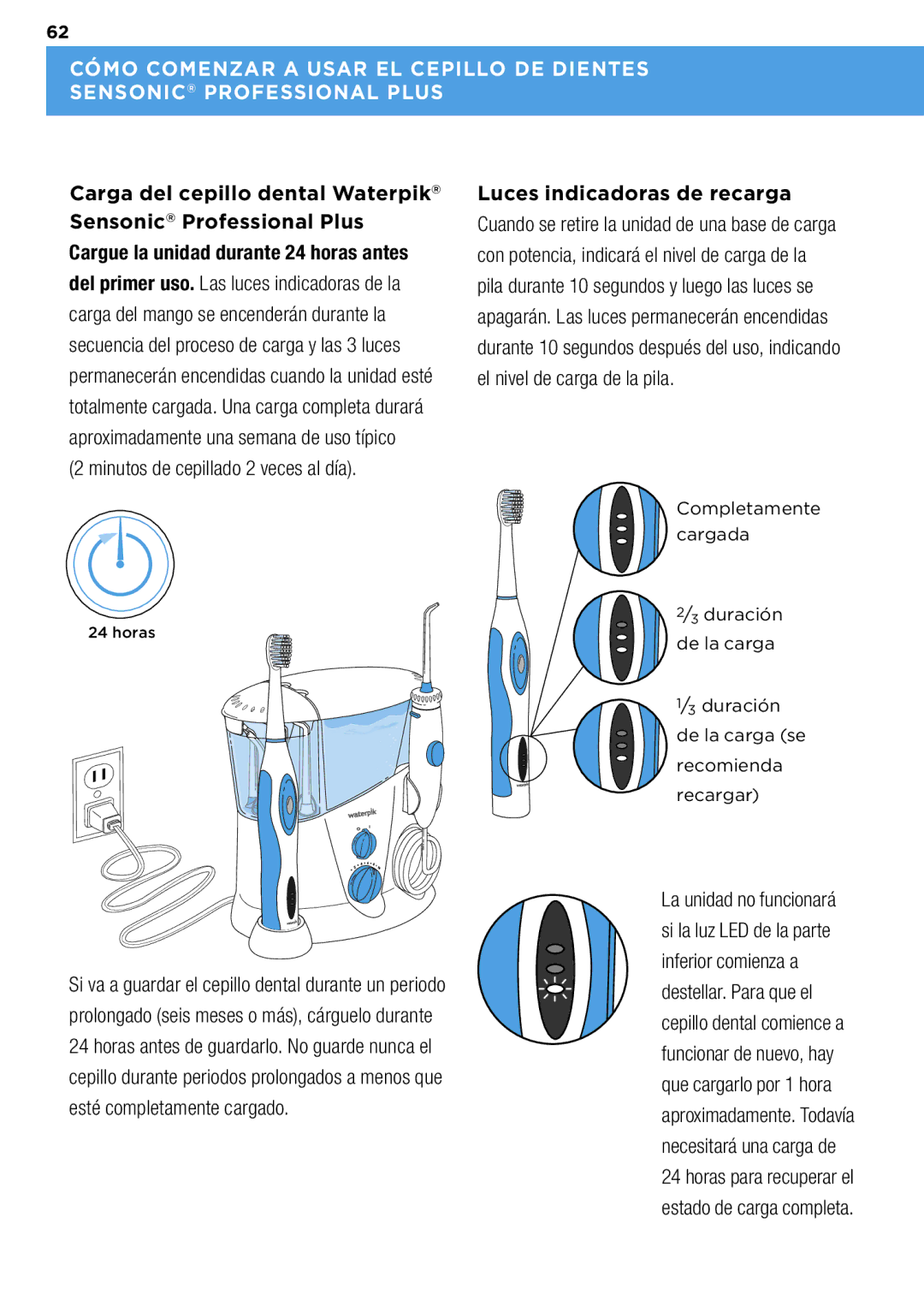 Waterpik Technologies wp-900 manual Minutos de cepillado 2 veces al día, Luces indicadoras de recarga 