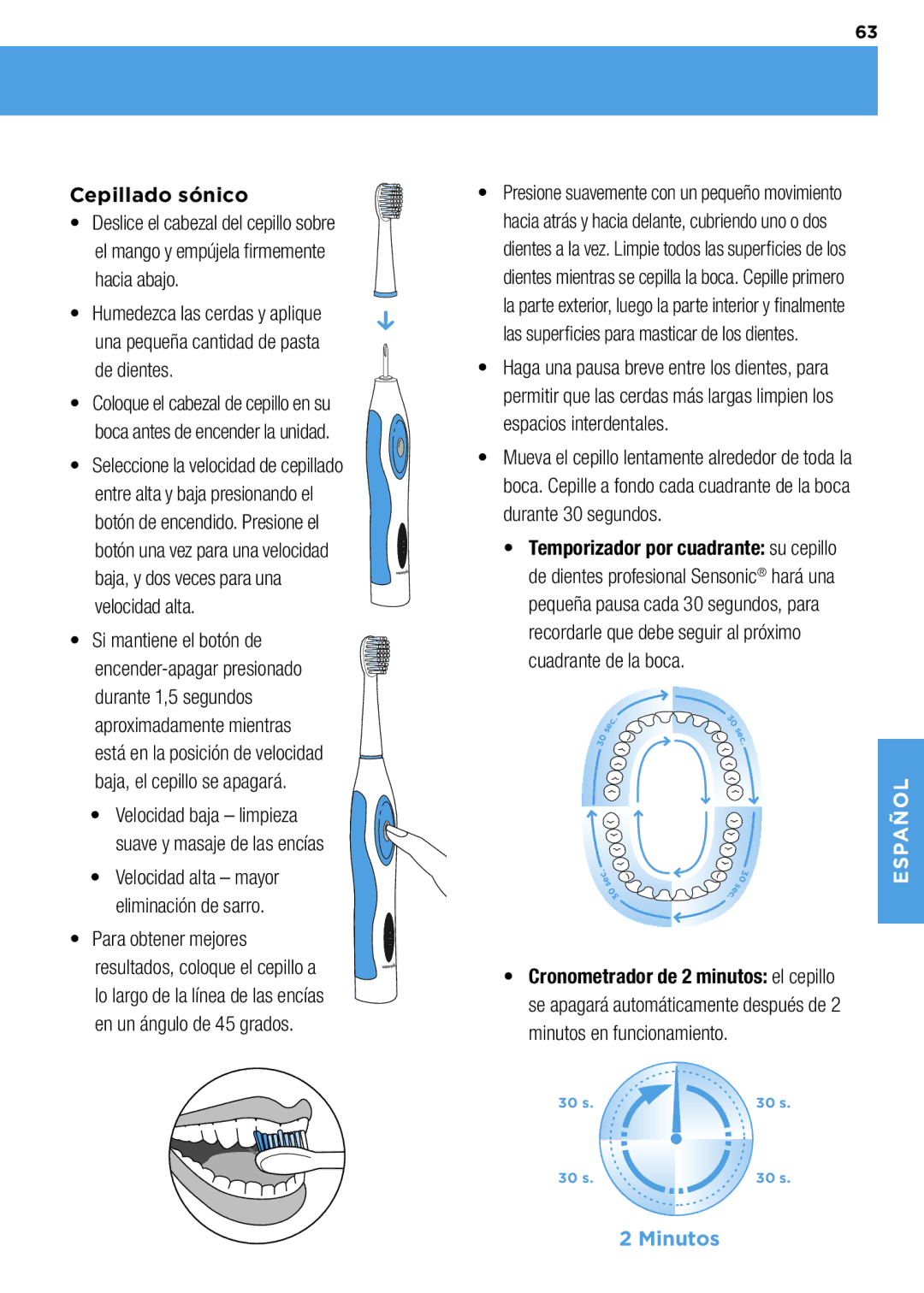 Waterpik Technologies wp-900 manual Cepillado sónico 