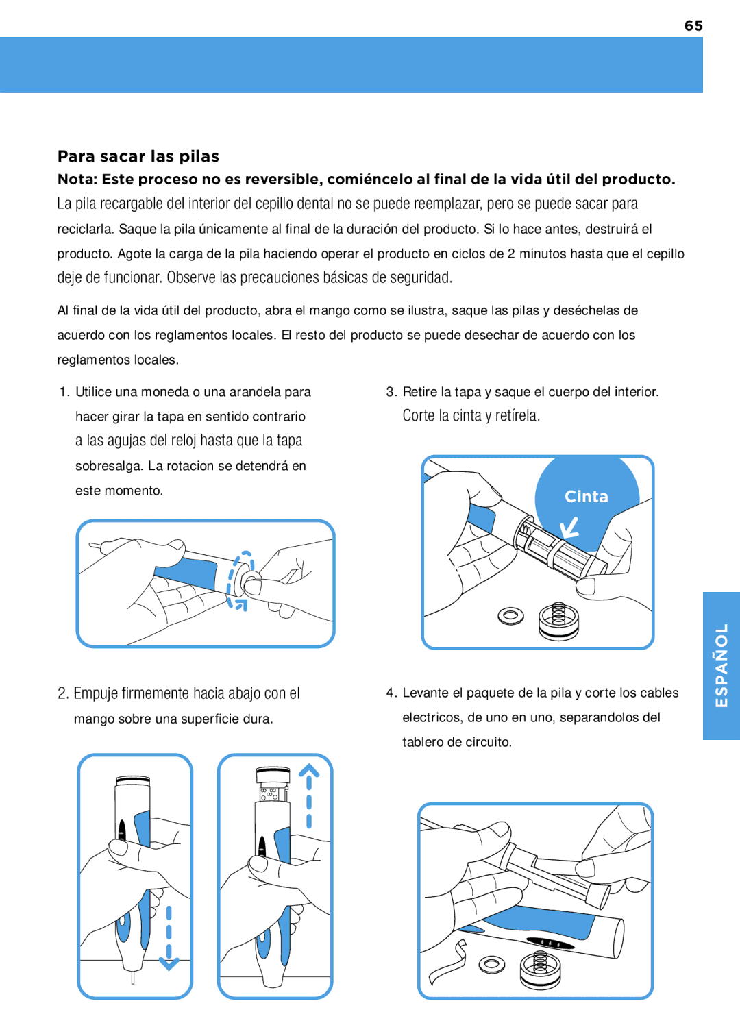 Waterpik Technologies wp-900 manual Para sacar las pilas, Cinta, Empuje firmemente hacia abajo con el, Tablero de circuito 