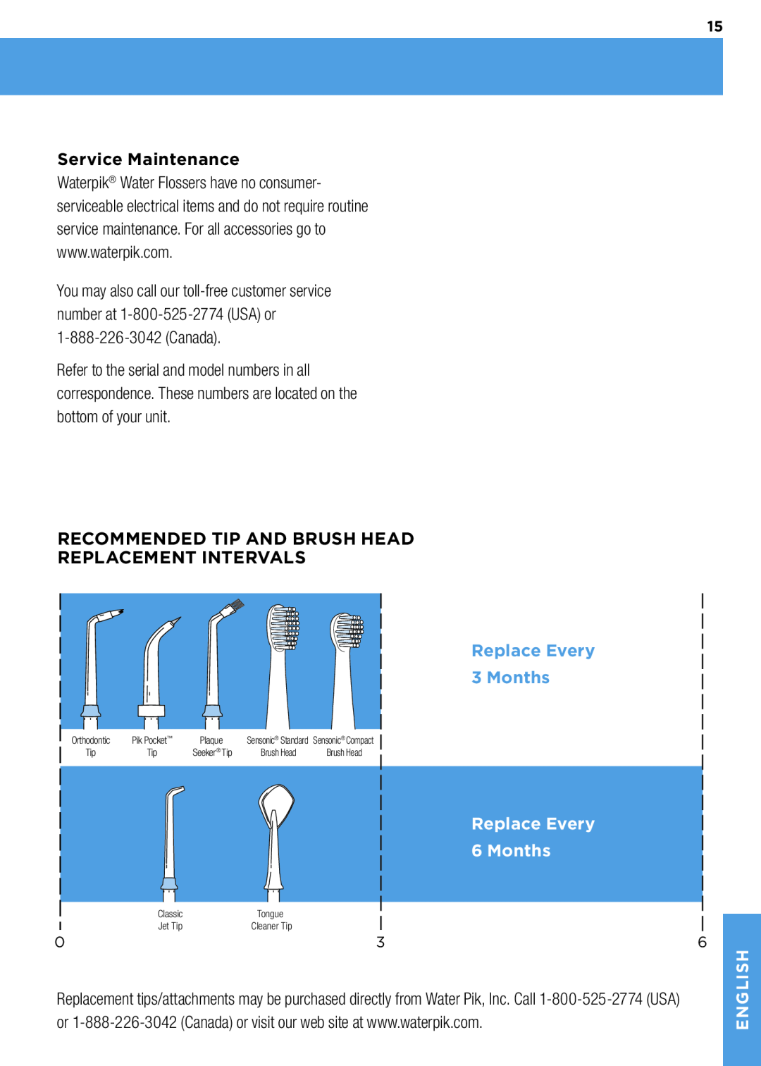 Waterpik Technologies wp-900 Service Maintenance, Recommended Tip And Brush Head Replacement Intervals, Replace Every 