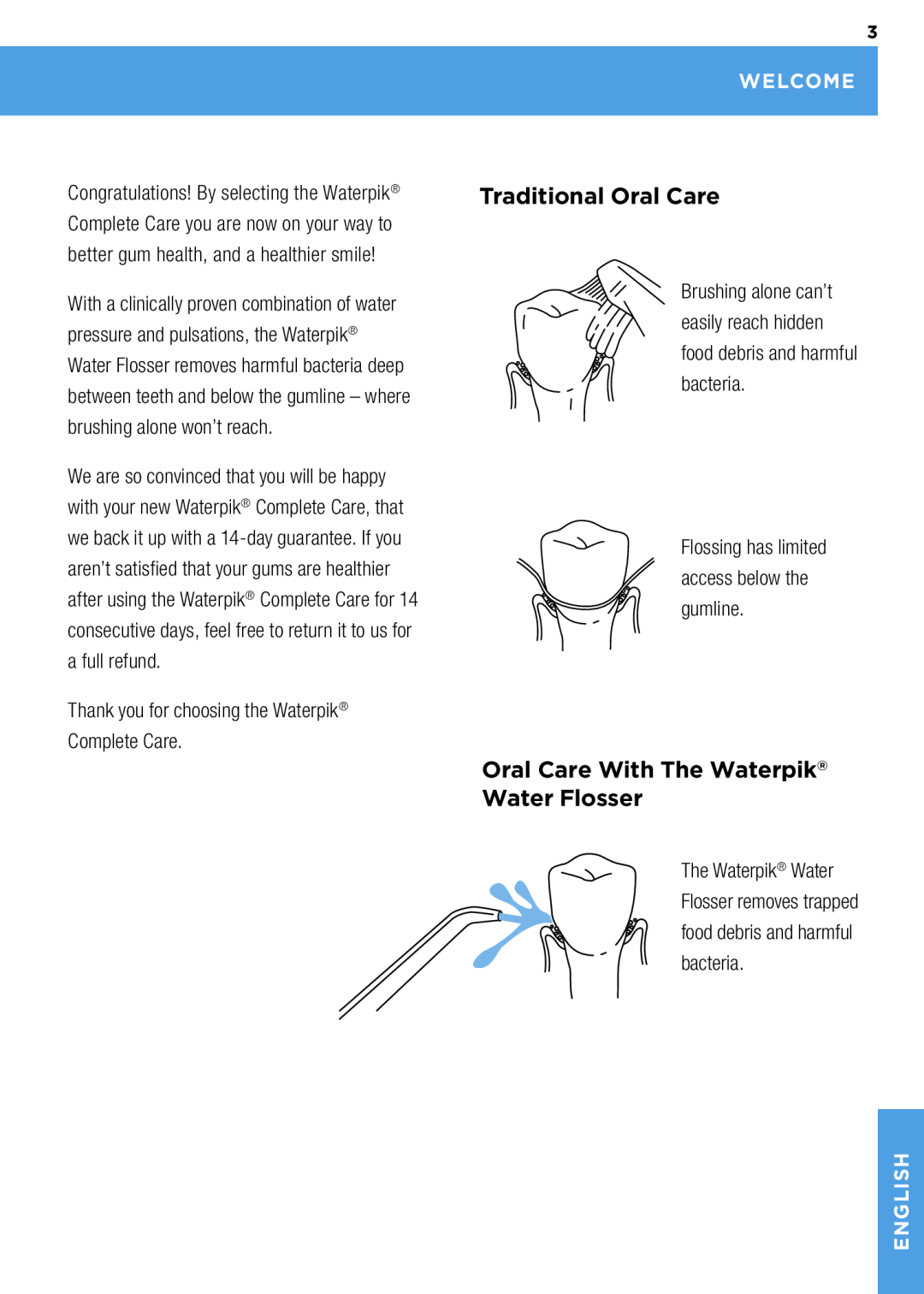 Waterpik Technologies wp-900 manual Traditional Oral Care, Oral Care With The Waterpik Water Flosser, Welcome, English 