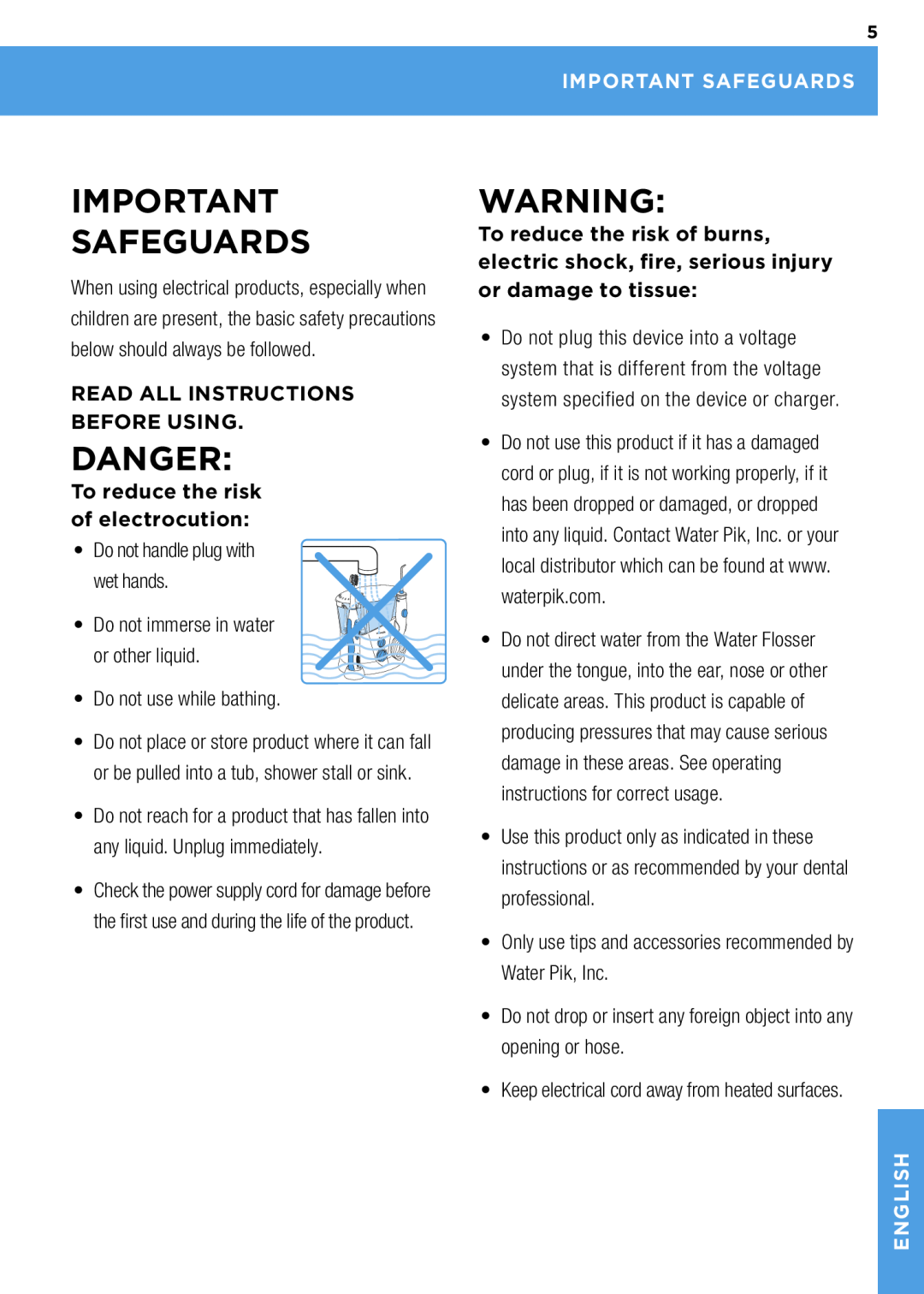 Waterpik Technologies wp-900 Danger, Important Safeguards, Read All Instructions Before Using, Water Pik, Inc, English 