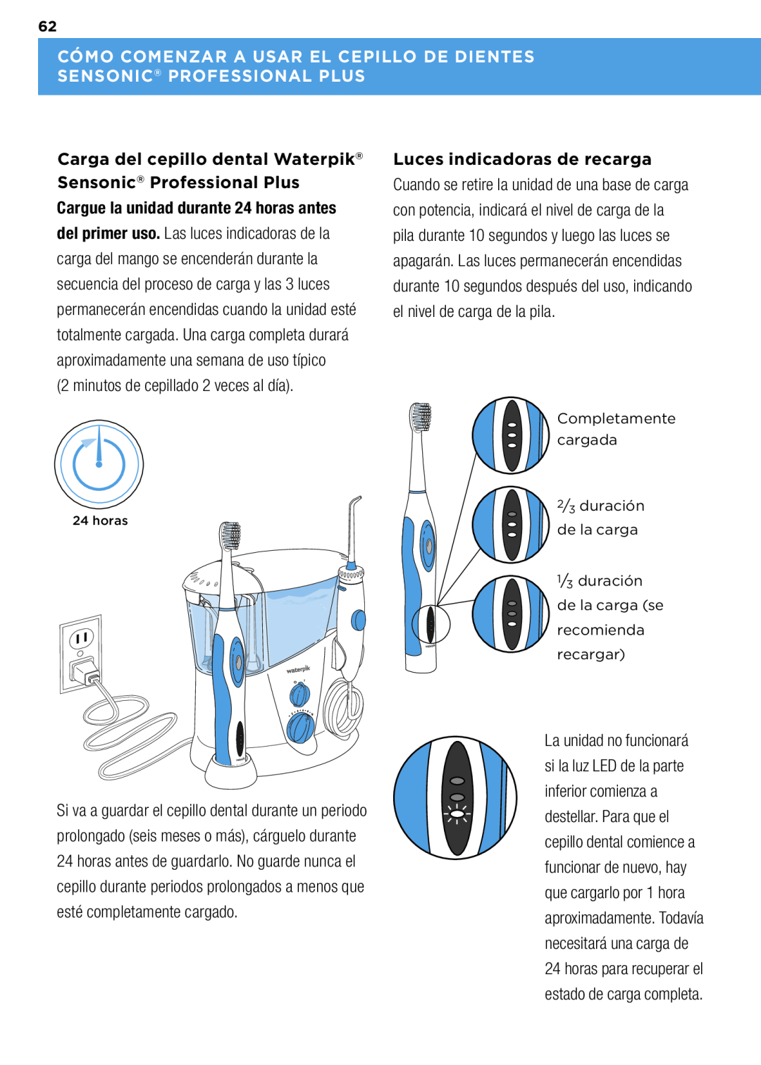 Waterpik Technologies wp-900 manual CóMO COMENZAR A USAR EL CEPILLO DE DIENTES SENSONIC PROFESSIONAL PLUS 