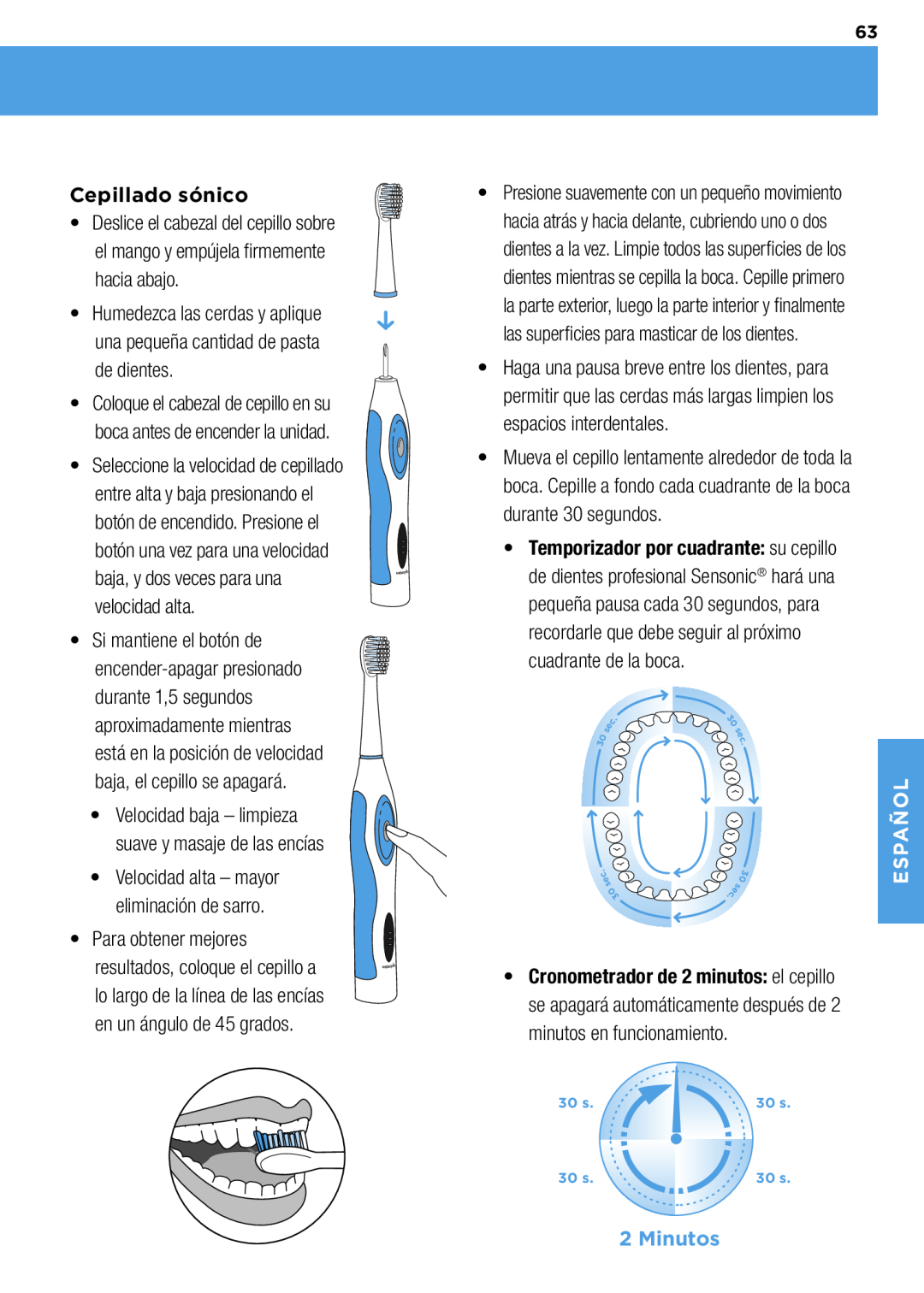 Waterpik Technologies wp-900 manual Cepillado sónico, Minutos, Español 
