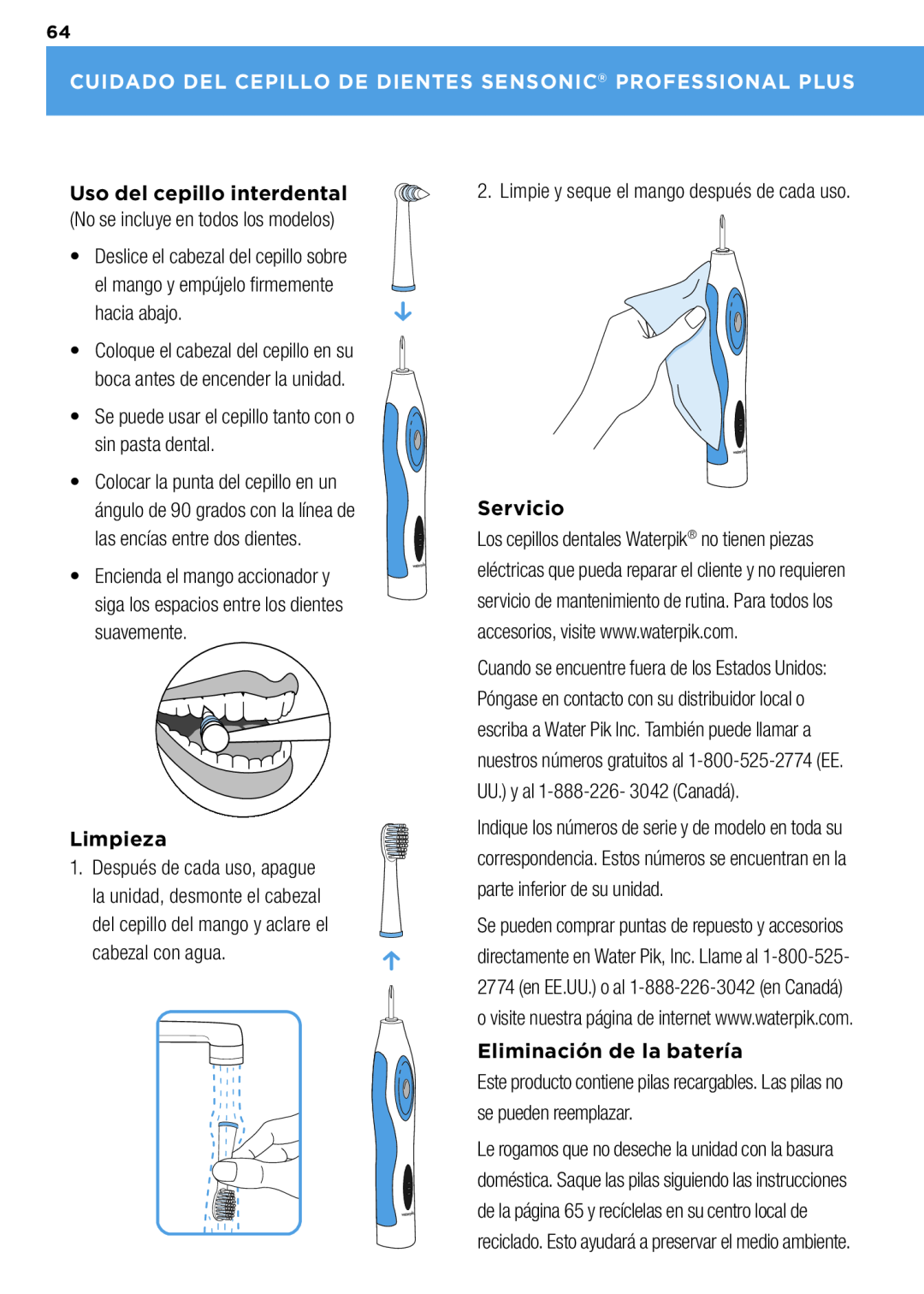 Waterpik Technologies wp-900 manual Cuidado Del Cepillo De Dientes Sensonic Professional Plus, Limpieza, Servicio 