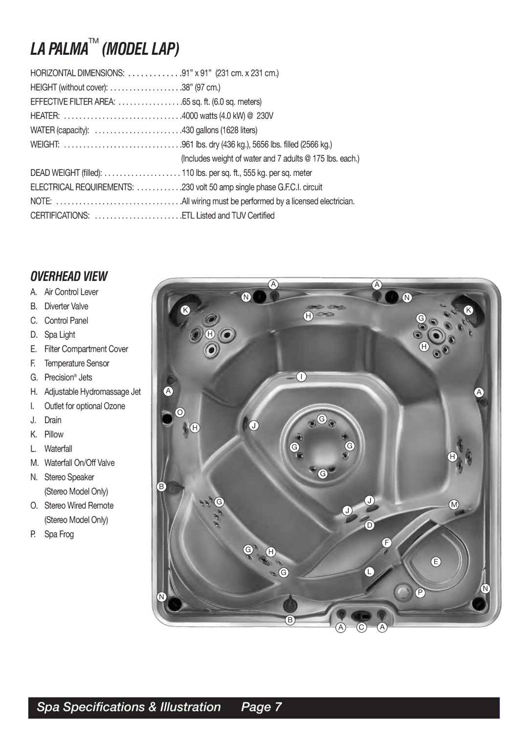 Watkins SOR, MAL, TRI manual LA Palmatm Model LAP, Spa Specifications & Illustration, Spa Frog 