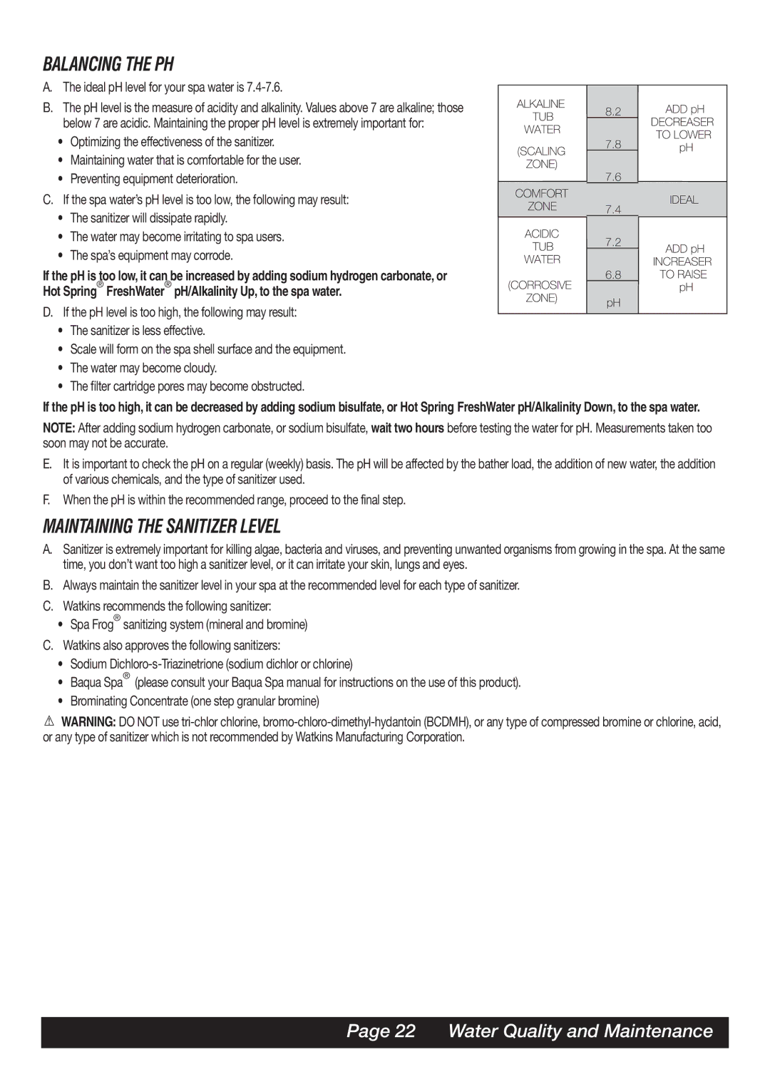 Watkins MAL, LAP, SOR, TRI manual Balancing the PH, Maintaining the Sanitizer Level, Water Quality and Maintenance 