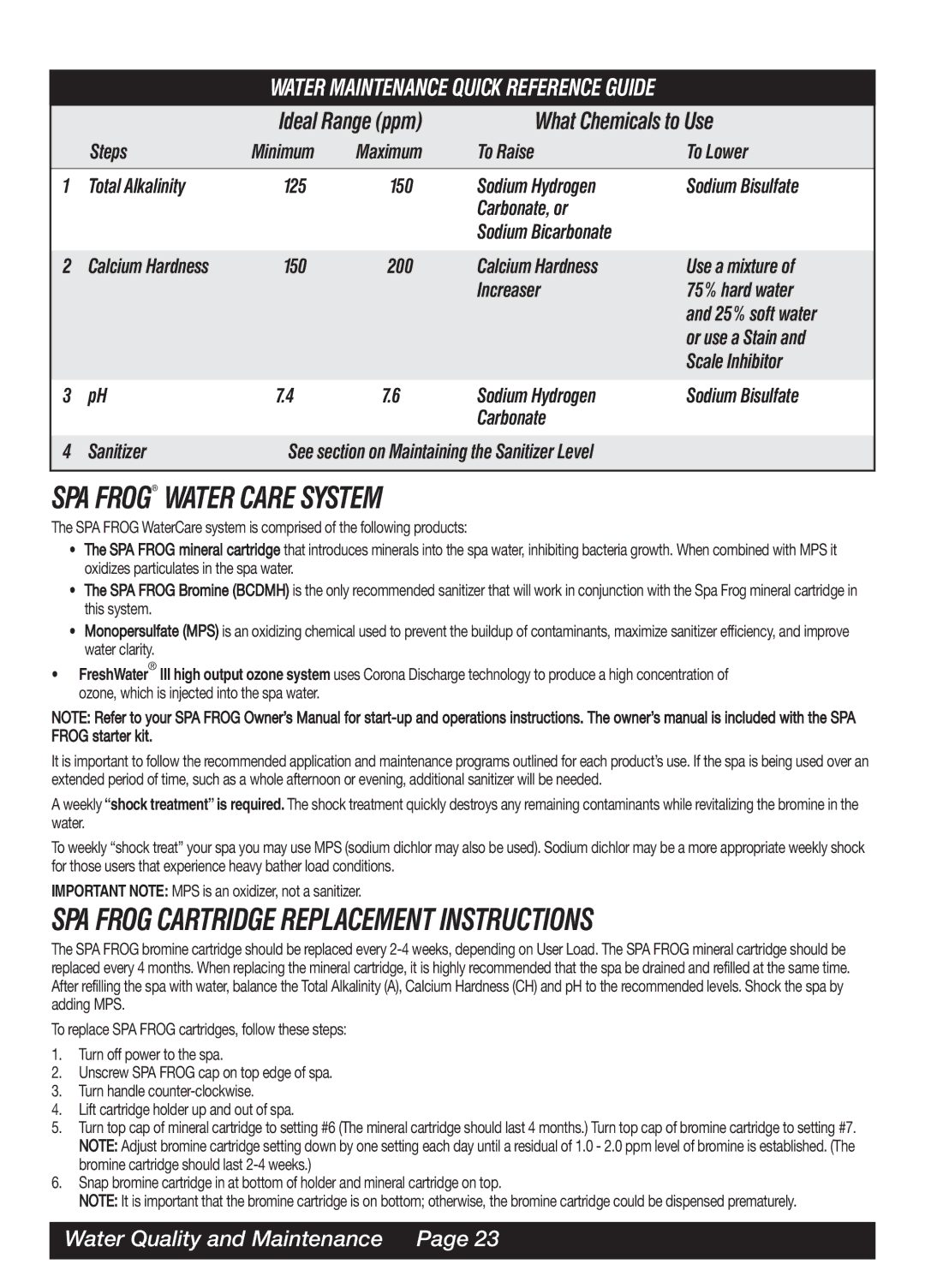 Watkins SOR, LAP, MAL, TRI SPA Frog Water Care System, SPA Frog Cartridge Replacement Instructions, Ideal Range ppm, Steps 