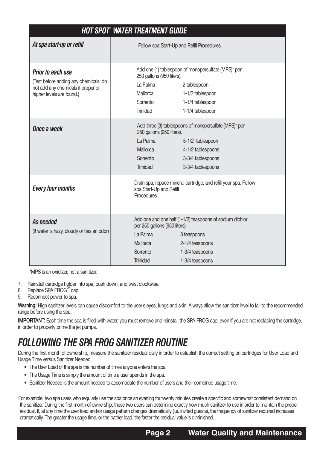 Watkins TRI, LAP, MAL, SOR manual Following the SPA Frog Sanitizer Routine, Water Quality and Maintenance 