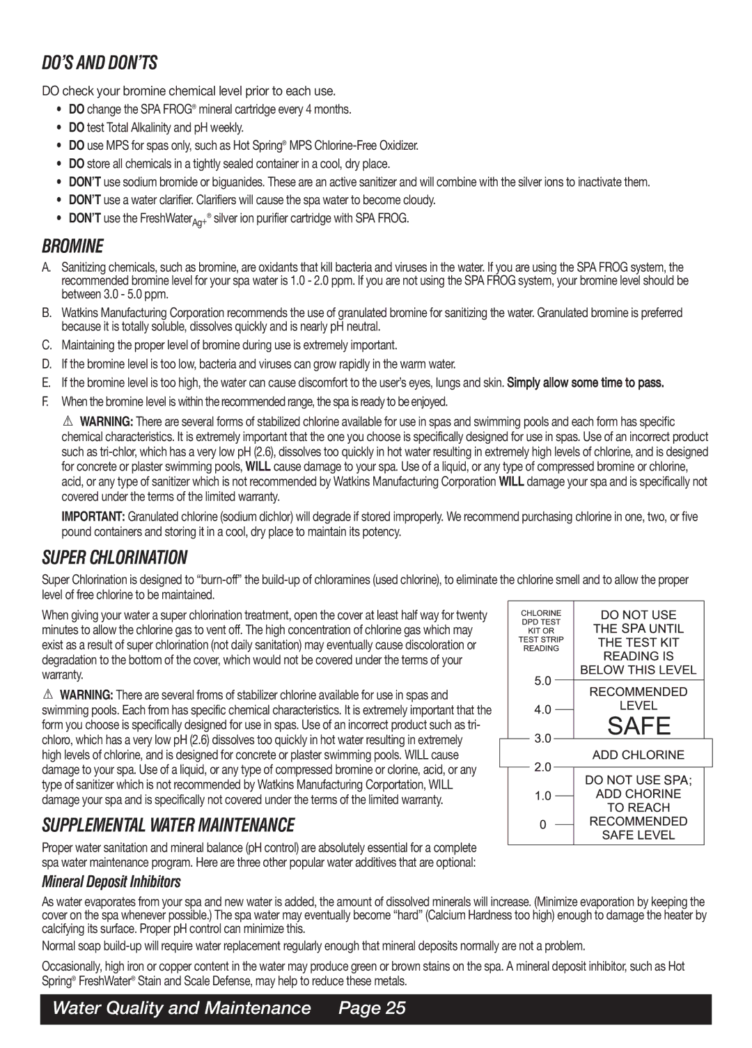 Watkins LAP, MAL Doõs and Donõts, Bromine, Super Chlorination, Supplemental Water Maintenance, Mineral Deposit Inhibitors 