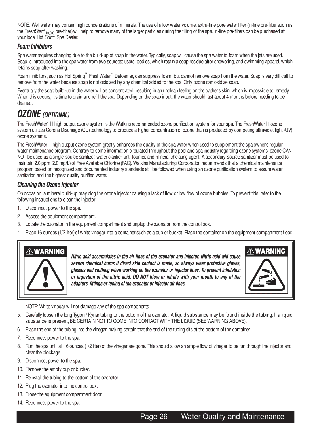 Watkins MAL, LAP, SOR, TRI manual Foam Inhibitors, Cleaning the Ozone Injector, Water Quality and Maintenance 