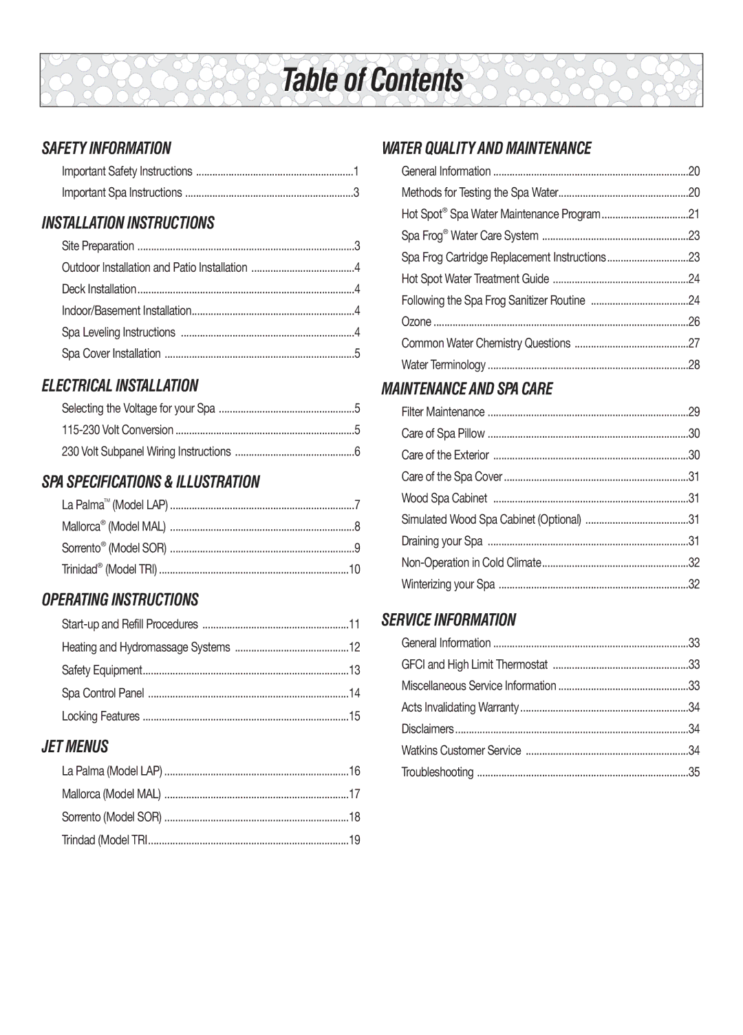 Watkins TRI, LAP, MAL, SOR manual Table of Contents 