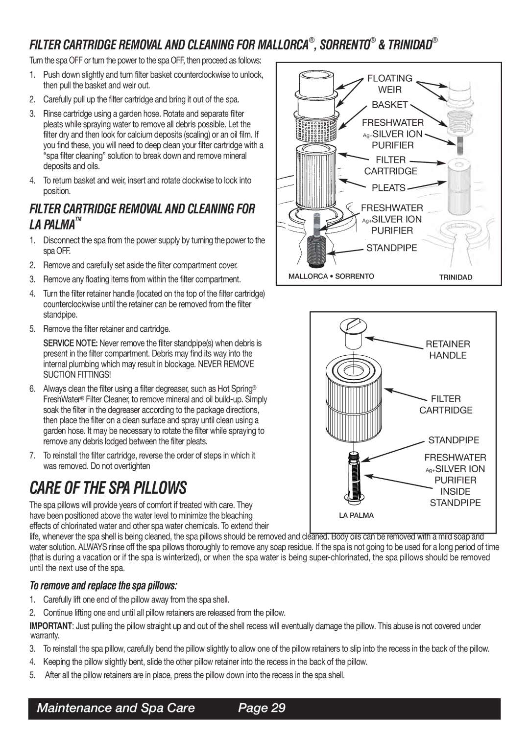 Watkins LAP, MAL, SOR Care of the SPA Pillows, LA Palma, To remove and replace the spa pillows, Maintenance and Spa Care 