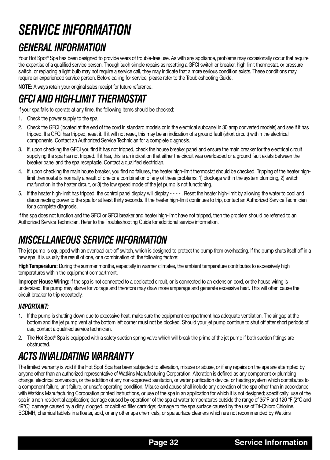 Watkins TRI, LAP, MAL, SOR Gfci and HIGH-LIMIT Thermostat, Miscellaneous Service Information, Acts Invalidating Warranty 