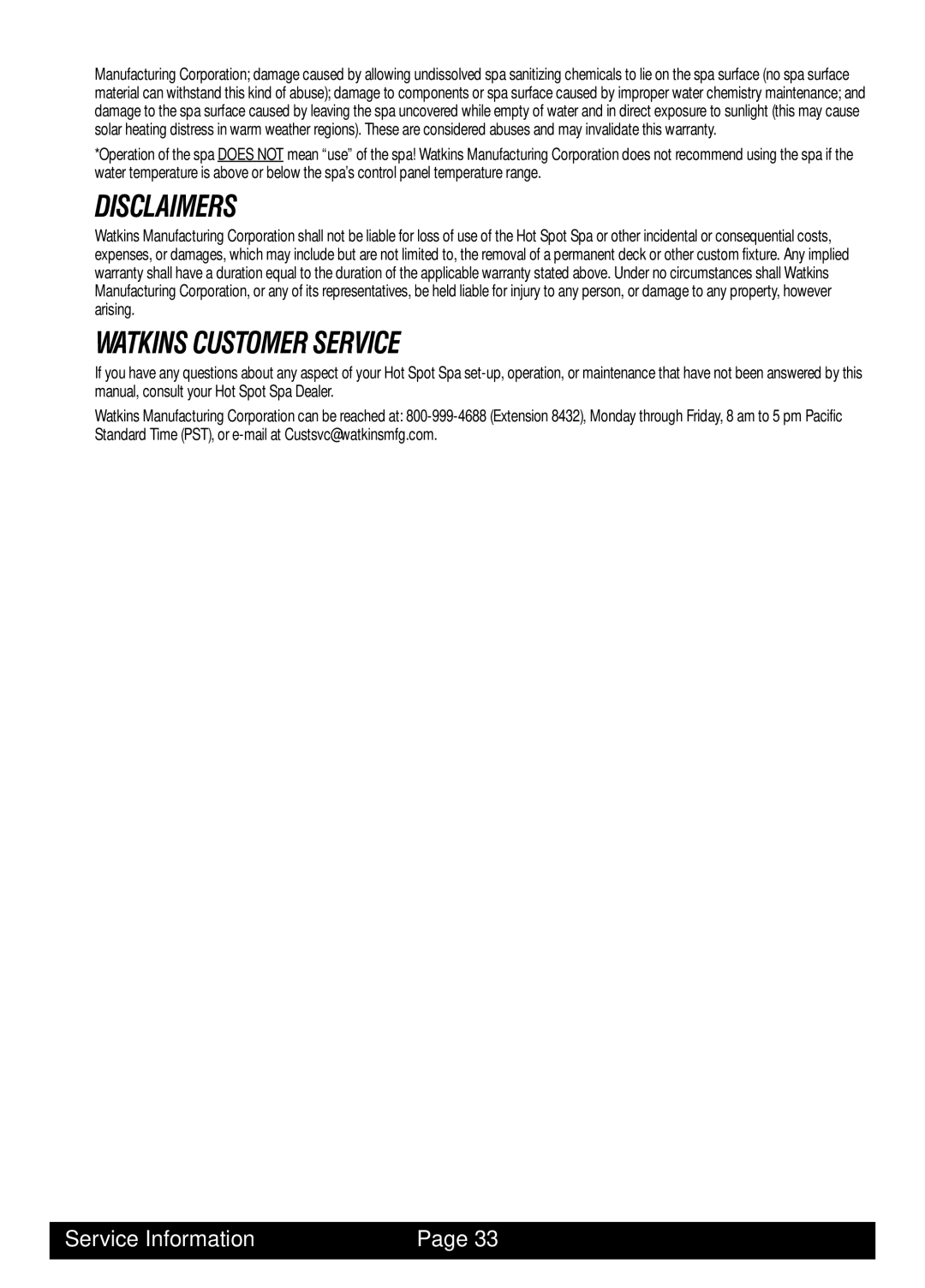 Watkins LAP, MAL, SOR, TRI manual Disclaimers, Watkins Customer Service 