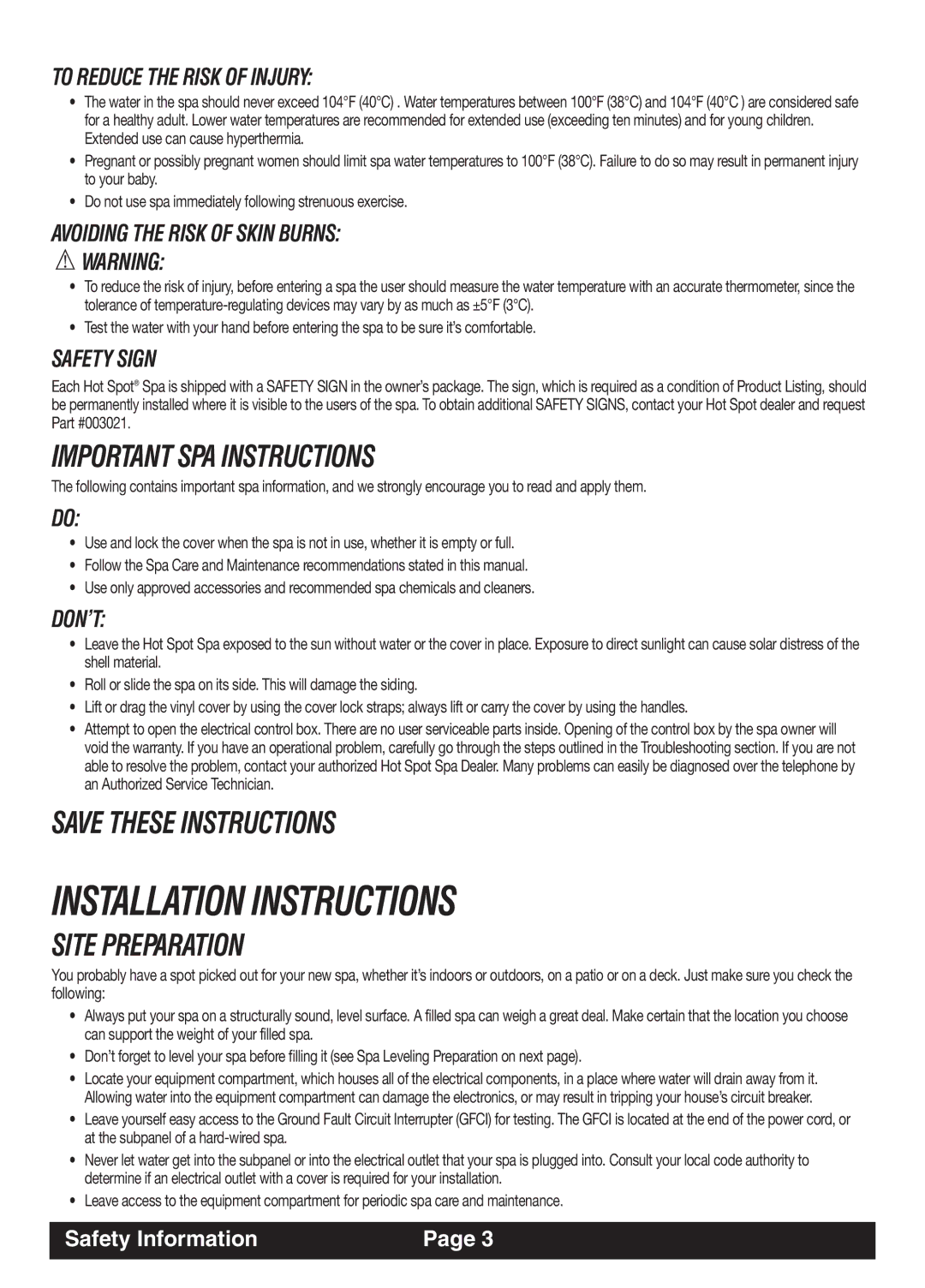 Watkins SOR, LAP, MAL, TRI manual Installation Instructions, Important SPA Instructions, Site Preparation 