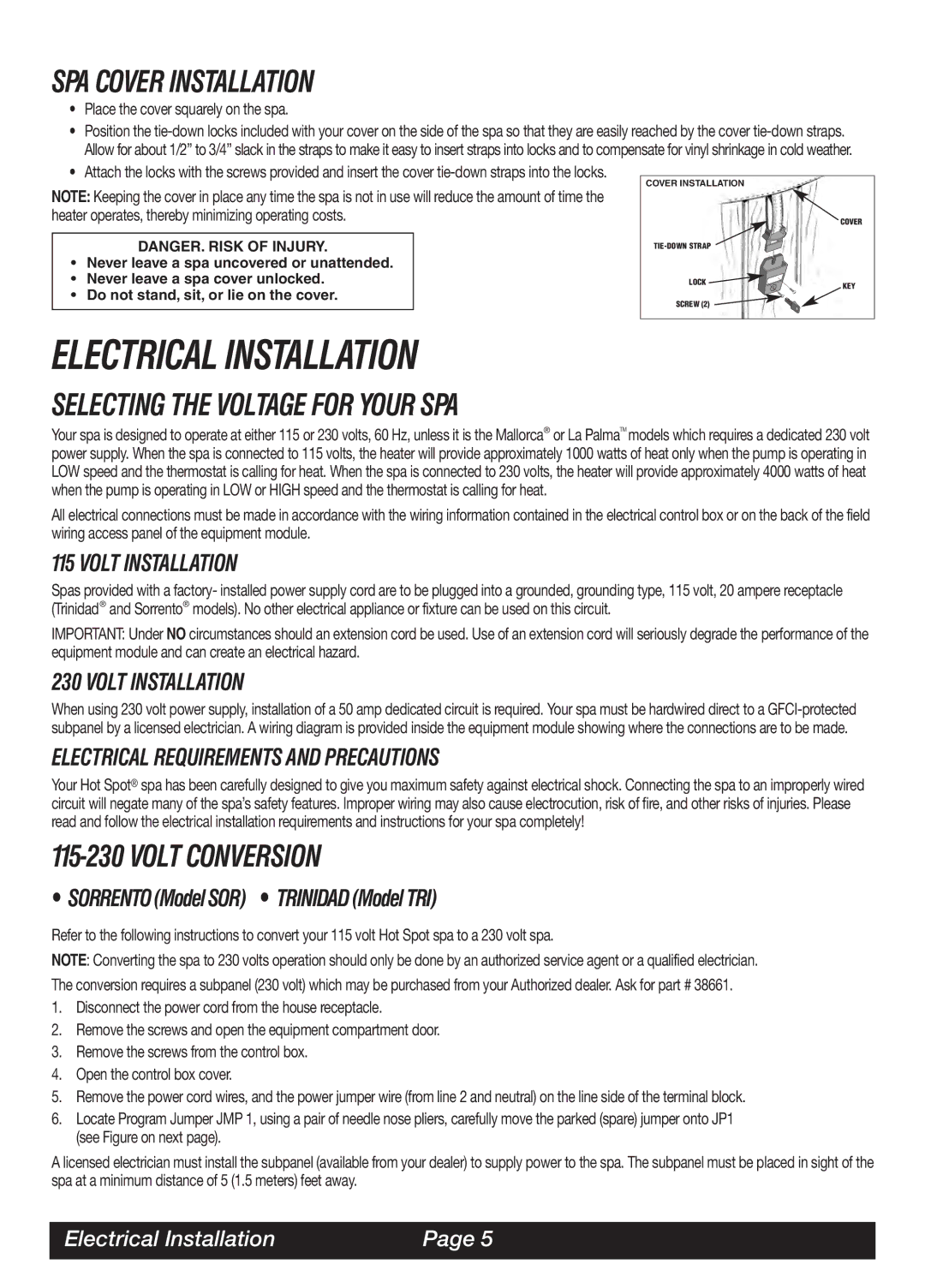 Watkins LAP, MAL, SOR Electrical Installation, SPA Cover Installation, Selecting the Voltage for Your SPA, Volt Conversion 