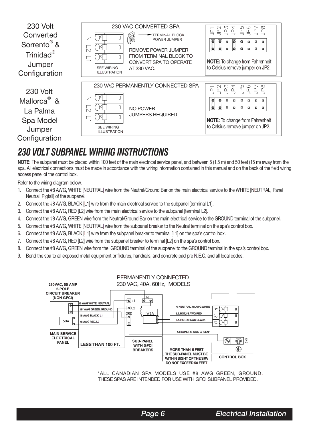 Watkins MAL, LAP, SOR, TRI manual Volt Subpanel Wiring Instructions, Sorrento Trinidad Jumper Configuration 